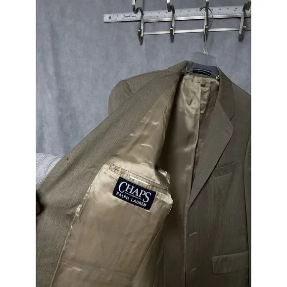 Chaps Ralph Lauren Suit‎ Men 40L Beige 3 Btn Herringbone Wool 34X32 Pants Luxury